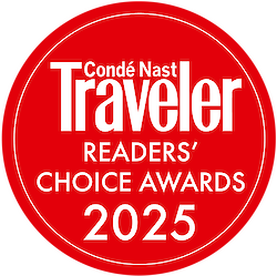 The image shows a red circular badge for Cond&eacute; Nast Traveler Readers&rsquo; Choice Awards 2025.