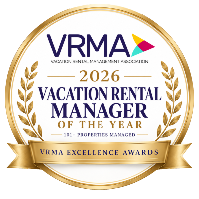 A VRMA Excellence Award badge: 2026 Vacation Rental Manager of the Year with laurels, ribbon, and &ldquo;VRMA Excellence Awards&rdquo; text.