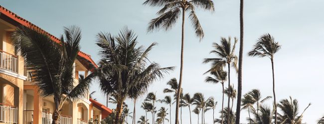 The image shows a serene resort pool area with palm trees, lounge chairs, and a multi-story building under a partly cloudy sky.