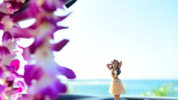 A hula dancer figurine on a car dashboard, with purple flowers and a blue ocean in the background.