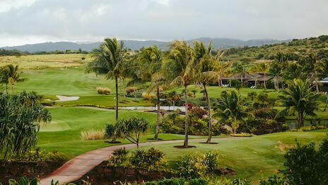 A lush tropical golf course with manicured greens, palm trees, a winding path, and distant hills under a cloudy sky, serene and scenic.