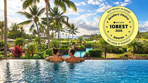 Two people relax in a tropical resort pool with palm trees, vibrant flowers, and a sunny sky, while a Readers&rsquo; Choice award badge approves it.