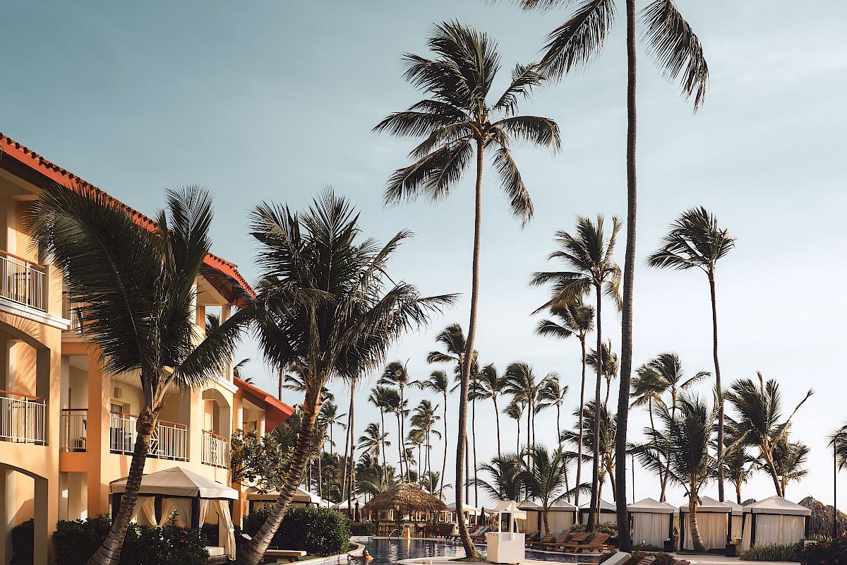 A luxurious resort pool area with lounge chairs, tall palm trees, and a light blue sky in the background. The pool reflects the surrounding scenery.